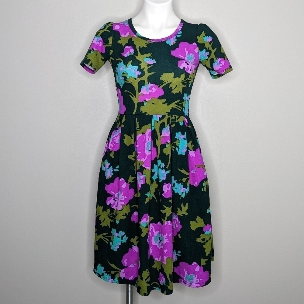 ✨3/$15 LuLaRoe green purple blue floral dress XXS